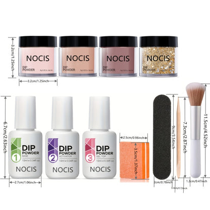 Dip Powder Nail Kit 11pcs Starter Set - 4 Colors Nude Skin Tones Golden Glitter Acrylic Dipping Powder with Base Coat Top Coat Activator French Nail Art Manicure Gift Set