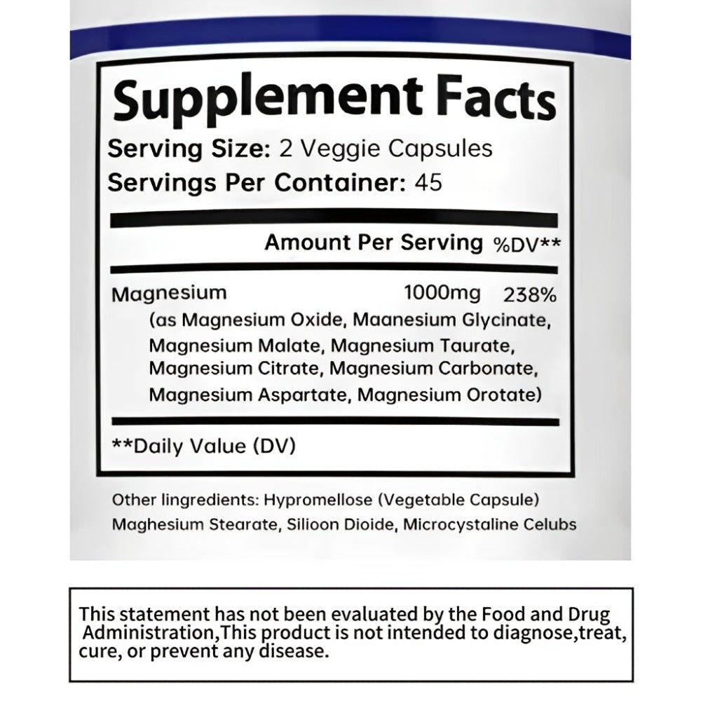 Magnesium Complex Supplement Capsules, Magnesium Glycinate, Compound Magnesium, 1000mg Per Capsule - 8 Forms Of Elemental Magnesium(Glycinate, Citrate, Malate, Orotate, Taurate, Aspartate, Oxide, Carbonate), Helps Improve Mood And Sleep(2 Bottles)