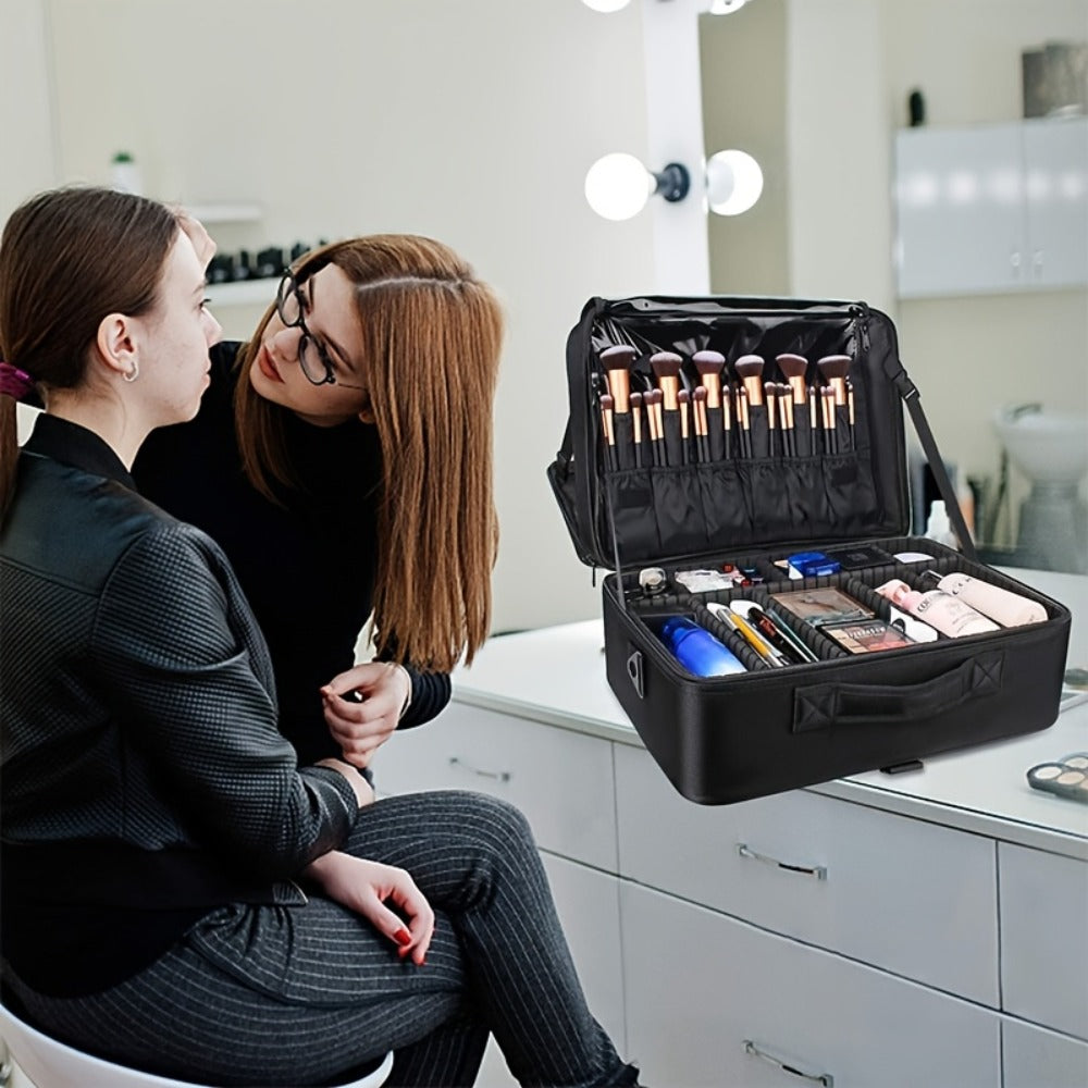 Makeup Case, Professional Train Case Large Makeup Bag, Travel Cosmetic Organizer Brush Holder Makeup Artist Storage Box, for Cosmetics Makeup Brushes Toiletry Jewelry Digital Accessories, 15.8 Inches, with Adjustable Dividers and Shoulder Strap