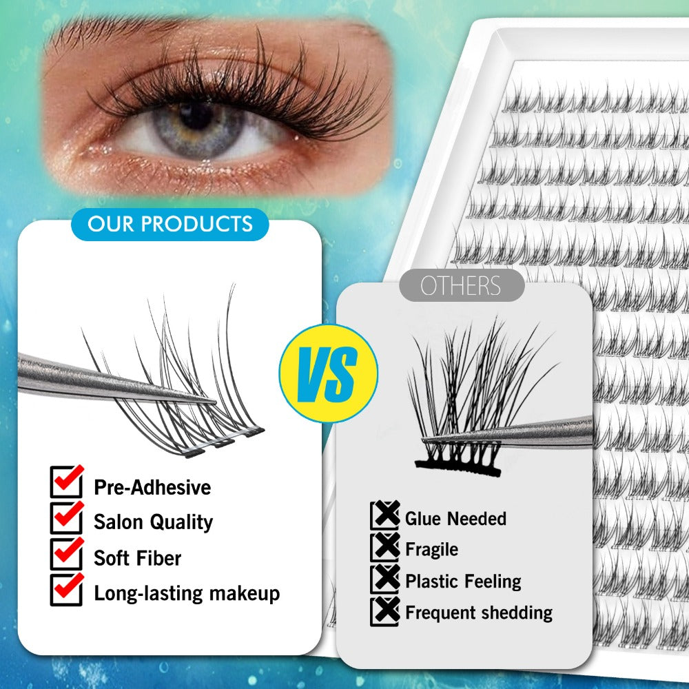 Self Adhesive Lash Clusters No Glue Needed, Lightweight Lashes Clusters Kit, Pre Glued Wispy Cluster Lashes Natural Volume Press On Lashes with 2 Tweezers, Reusable Eyelashes, Beginner Friendly Casual Attire Lashes Fluffy Individual Cluster Eyelashes