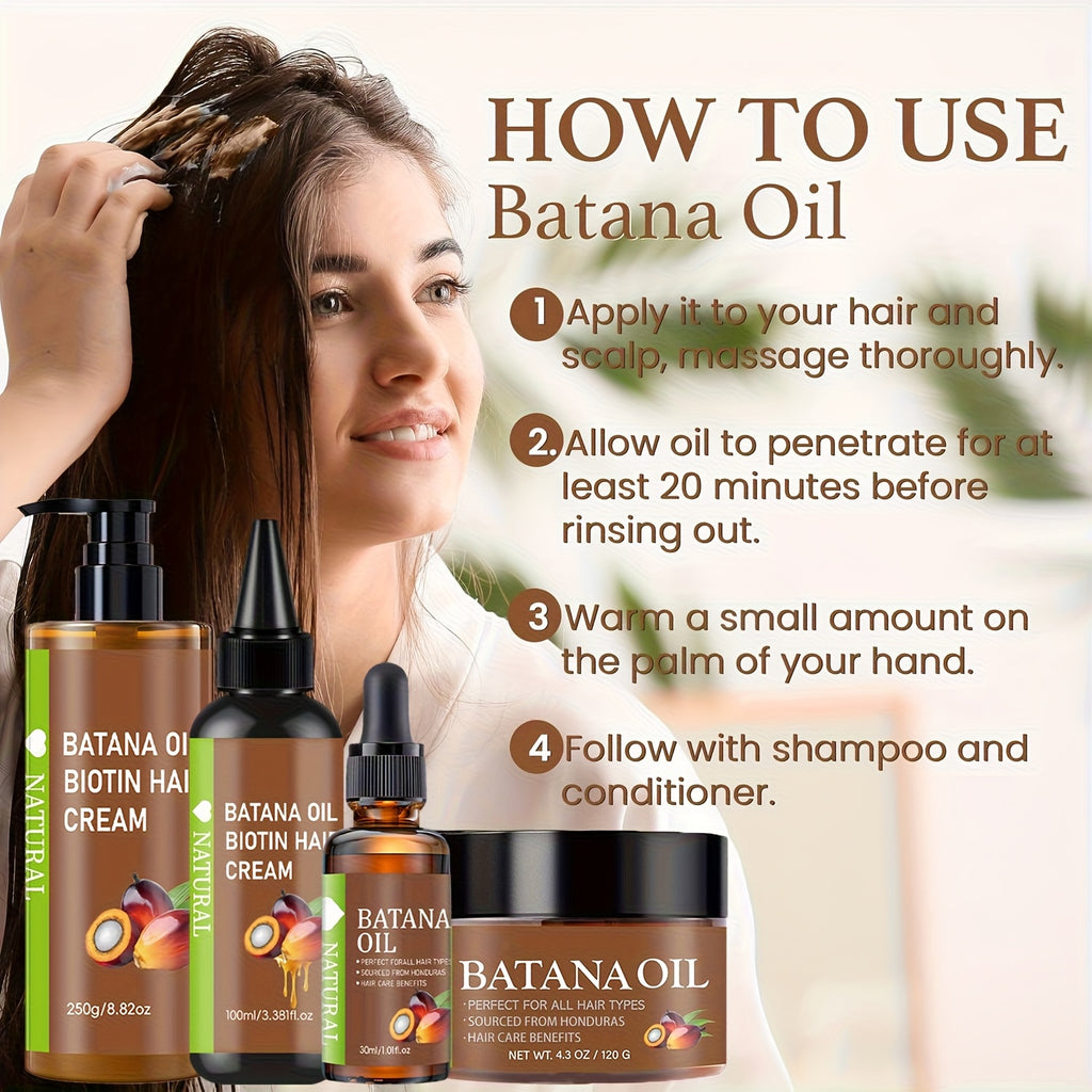 4pcs Honduran Batana Hair Oil + Batana Oil + Batana Hair Cream + Batana Hair Milk, Pure Cold-pressed Extracts For Scalp And Hair Care, With Biotin, Strengthens Hair, Prevents Breakage And Split Ends, Suitable For All Hair Types