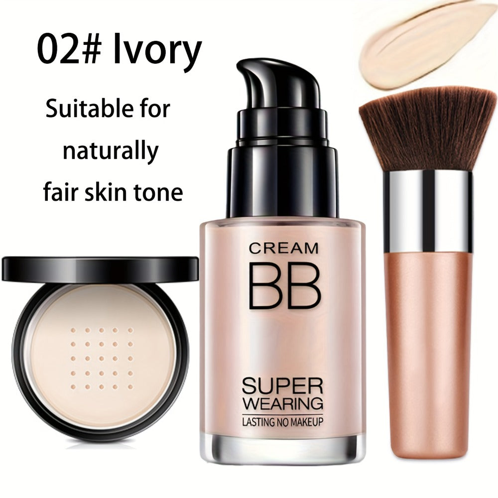 BB Cream Makeup Kit with Loose Setting Powder, Brush & Sponge — Full Coverage Foundation, Waterproof Long-Lasting, Hydrating for All Skin Types