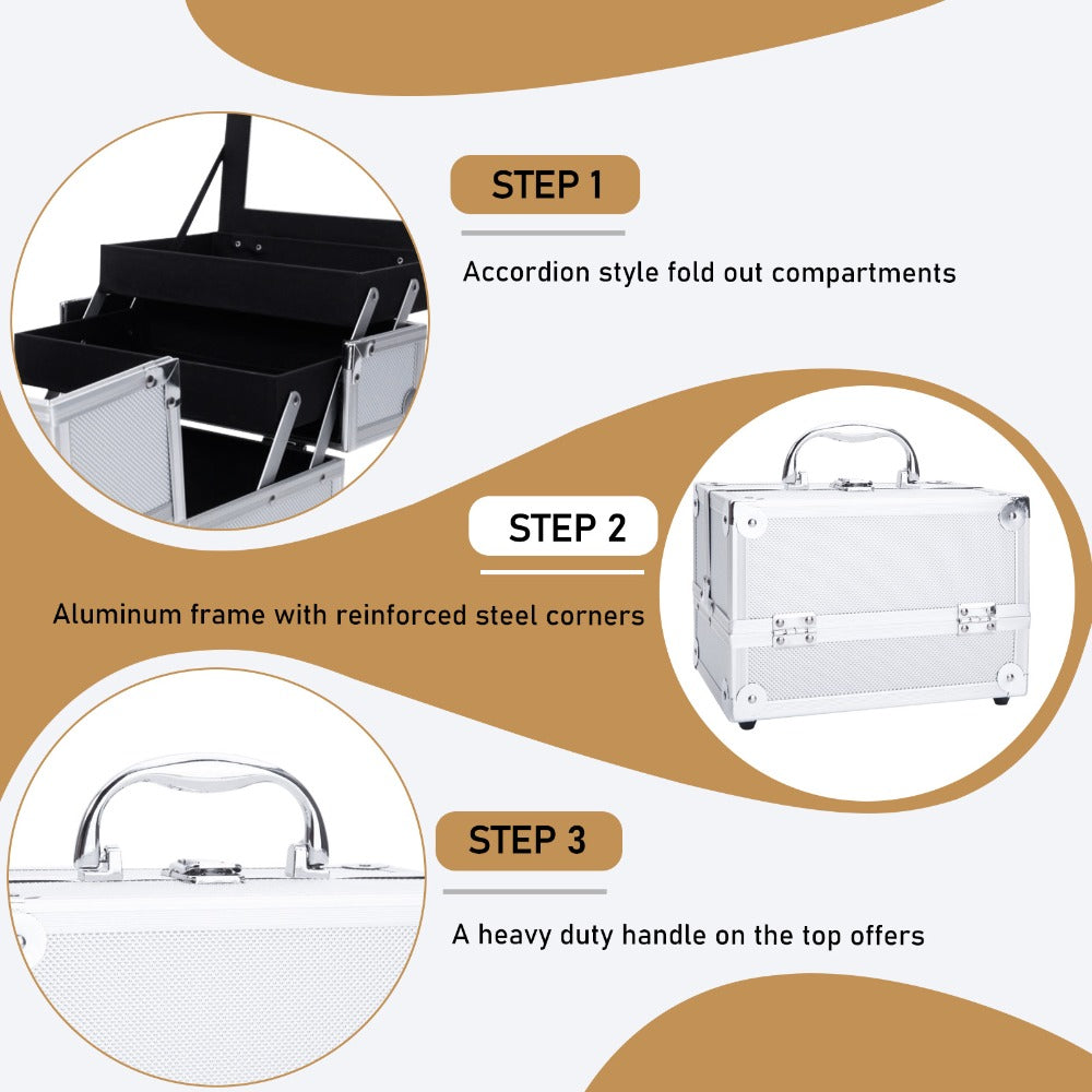 Professional Makeup Train Case, Large Capacity Aluminum Cosmetic Trolley Organizer, Portable Jewelry Storage Box with Adjustable Dividers & Lockable Keys, Travel Makeup Artist Tool Box