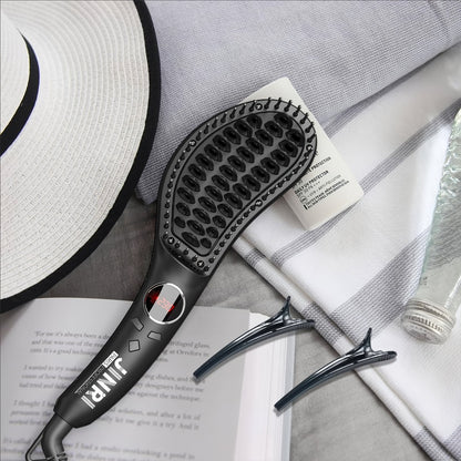Ceramic Hair Straightener Brush 30 Sec Fast Heat Anti-Scald Straightening Comb with Soft Touch Body for Home Travel Salon Use Women Gift Black