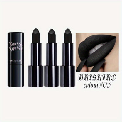 Black Matte Lipstick Set 3 Pcs — Waterproof Long-Lasting Gothic Lip Color, Halloween & Valentine's Day Cosmetic Lip Gloss Gift