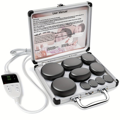 Hot Stone Massage Set with Heater — 10 Basalt Stones, Temperature Control, Professional Spa Kit for Full Body Relaxation, Muscle Relief, Home & Salon Use, 2 Sizes