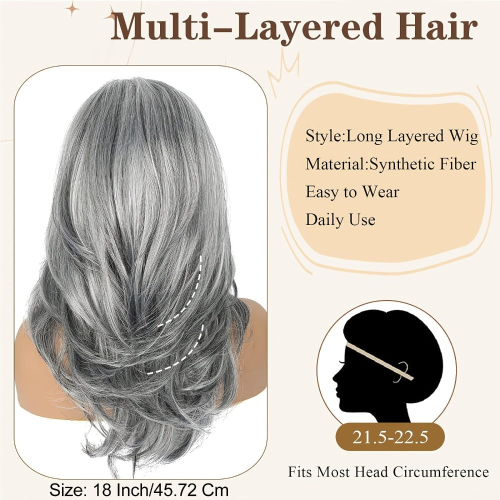 Grey Wig for Women Long Layered Silvery Wavy Synthetic Wig with Highlights 18 Inch Rose Net Cap Beginner Friendly Natural Look Daily Wear Party Cosplay