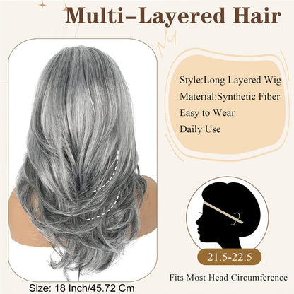 Grey Wig for Women Long Layered Silvery Wavy Synthetic Wig with Highlights 18 Inch Rose Net Cap Beginner Friendly Natural Look Daily Wear Party Cosplay