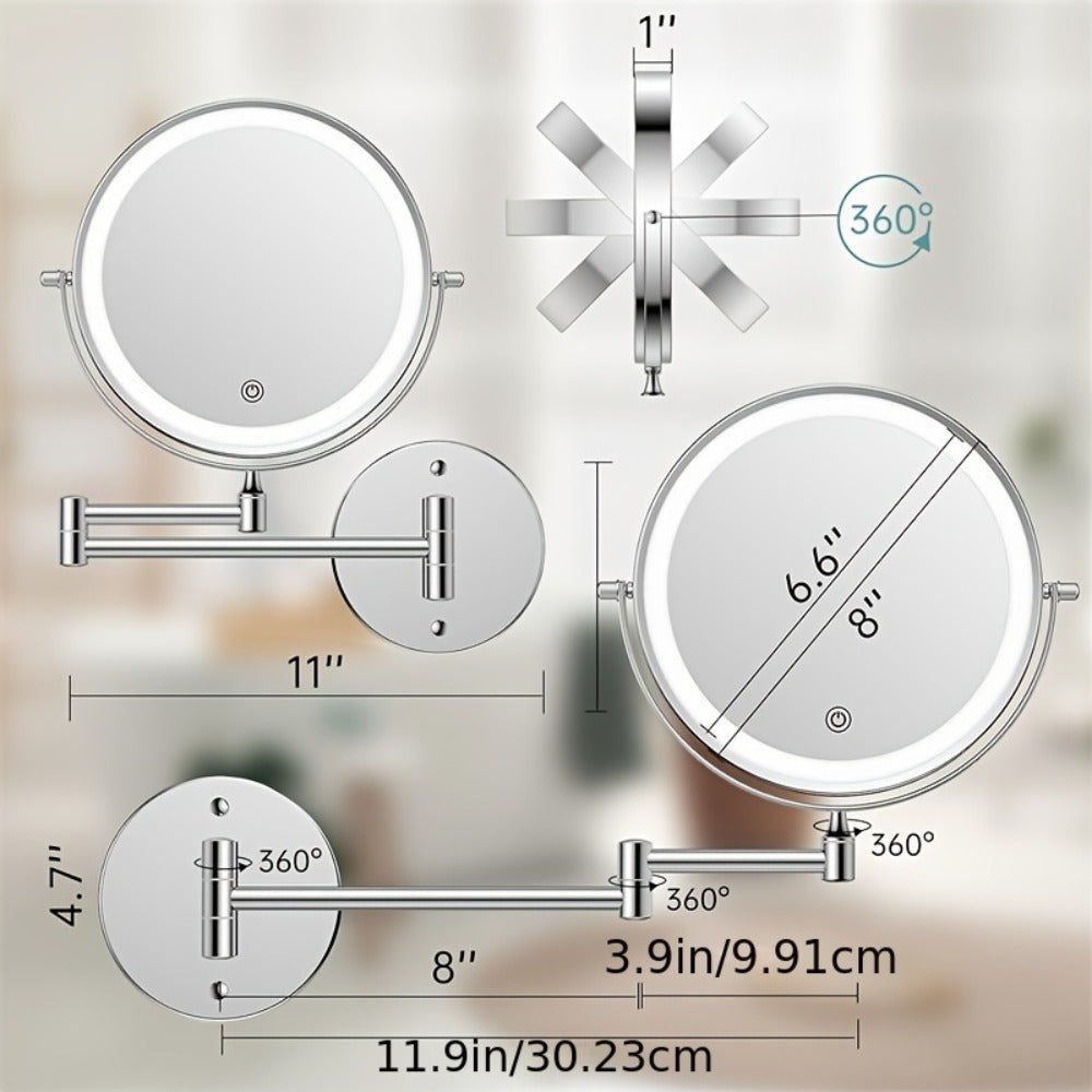 Wall Mounted Lighted Makeup Mirror 10X Magnification, 8 Inch LED Vanity Mirror 1X/10X Double Sided, 3 Color Lights Touch Dimmer 360° Swivel Rechargeable — Black Silver Gold
