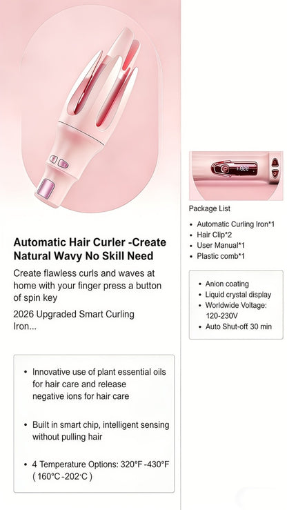 Automatic Rotating Curling Iron 4 Temperature Settings Negative Ion Ceramic Barrel Anti-Tangle Auto Shut-Off Dual Voltage 110-240V Fast Heat 30s Beginner-Friendly Gift for Women