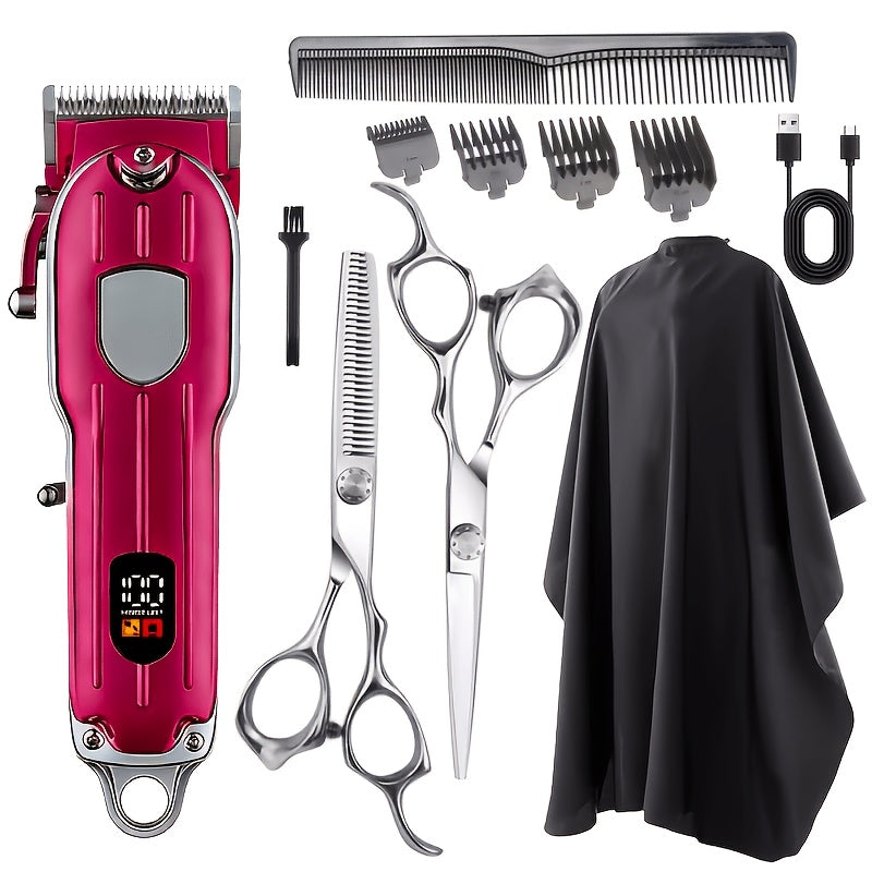 Barber Hair Clipper Kit for Men Professional USB Rechargeable Digital Size Adjustment Complete Set with Scissors 4 Limit Combs Cleaning Brush Gift for Dad Husband