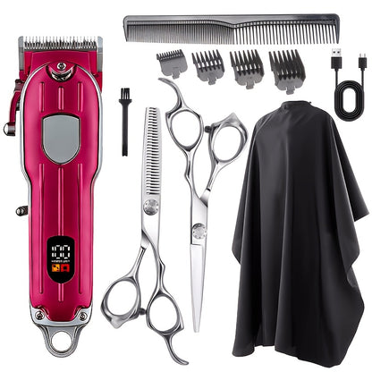 Barber Hair Clipper Kit for Men Professional USB Rechargeable Digital Size Adjustment Complete Set with Scissors 4 Limit Combs Cleaning Brush Gift for Dad Husband