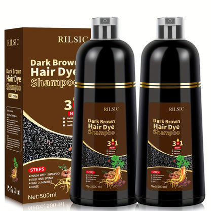 Herbal Hair Dye Shampoo 3-in-1 with Plant Squalene — 2pcs 16.91oz Instant Gray Hair Coverage, Natural Color in Minutes, Unisex, Brown, Dark Brown & Black