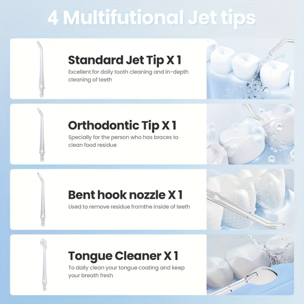Advanced electric teeth cleaning tool set, including advanced wireless flosser, advanced electric toothbrush, 3 mode control, and can be charged via USB. Equipped with 4 compatible nozzles and 4 brush heads, the flosser head can rotate 360 degrees