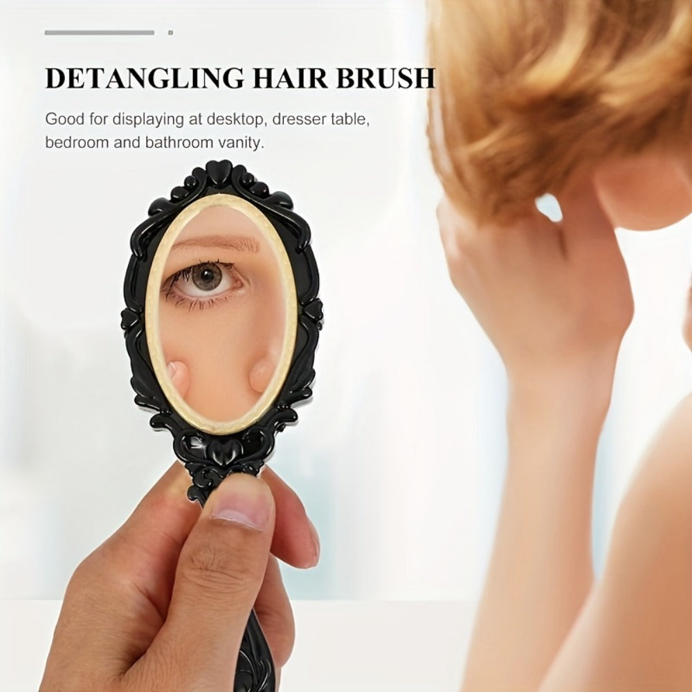 Black Mirror Comb Set, Scalp Massage Hairbrush with Mirror, Retro Hair Comb, Makeup Hair Comb