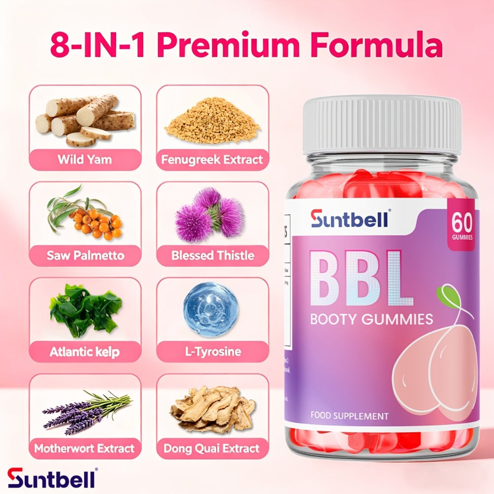 BBL Booty Gummies With Saw Palmetto And Wild Yam, Support Natural Curves, Peach Shape Hips And Feminine Silhouette, Plant-Based Formula For A Fuller, Rounder Look