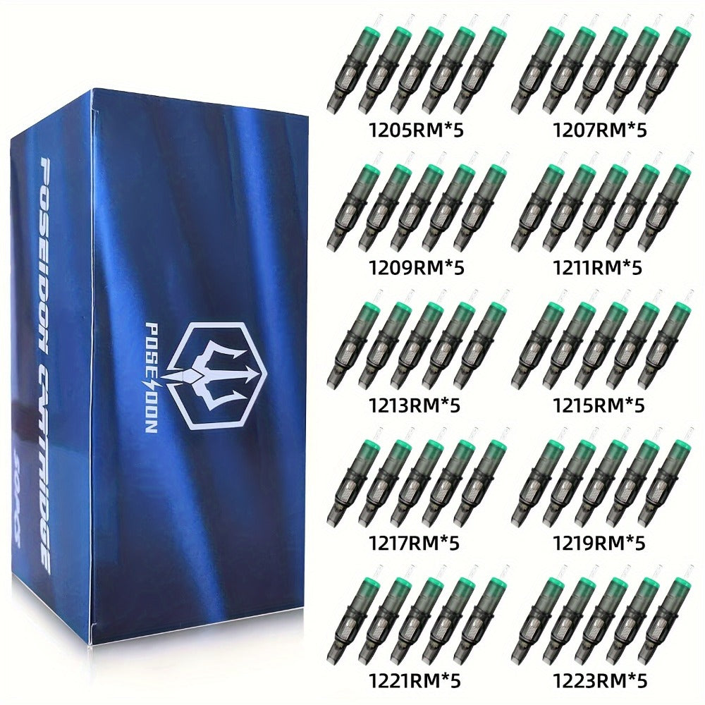 Poseidon Tattoo Cartridge Needles 50pcs Assorted Mixed Size Curved/Round Magnum 12 Standard 1.97inch 2.76inch 3.54inch 4.33inch 5.12inch 5.91inch 6.69inch 7.48inch 8.27inch 9.06inch/Rm Disposable Membrane Tattoo Needles Long Taper for Makeup
