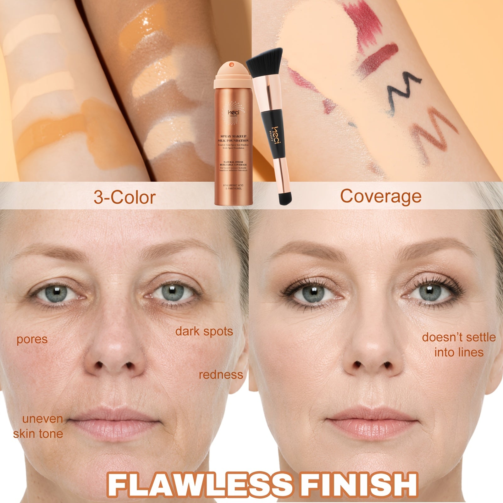 [Ideal Gift] 2pcs Spray Foundation With Brush, Liquid Foundation Makeup For Women Over 50, Panthenol & Hyaluronic Acid For Sensitive Dry Skin, Non-Sticky, Natural Flawless Makeup For Mature Skin, Ideal Holiday & Birthday& Mother's Day Gift For Her
