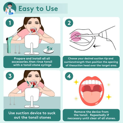 Tonsil Stone Remover Electric Vacuum Kit — Built-In LED Light, 3 Suction Modes, 5X Magnifying Mirror, Oral Irrigator for Effective Tonsil Stone Removal at Home