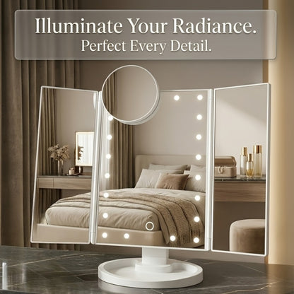 Vanity Mirror with Lights Tri-Fold 21 LED Lighted Makeup Mirror - Touch Control 1X 2X 3X 10X Magnification 360° Rotation Dual Power Trifold Tabletop Mirror