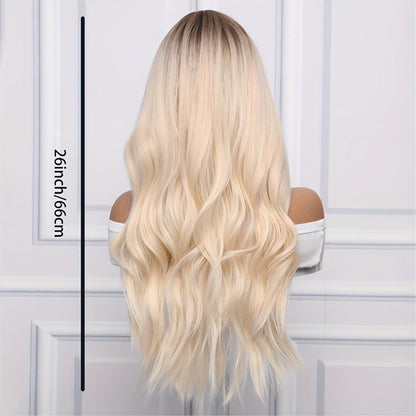Long Curly Wavy Wig with Bangs for Women Synthetic Heat Resistant Loose Wave Natural Looking Wig Beginner Friendly Rose Net Cap Light Golden 26 Inch