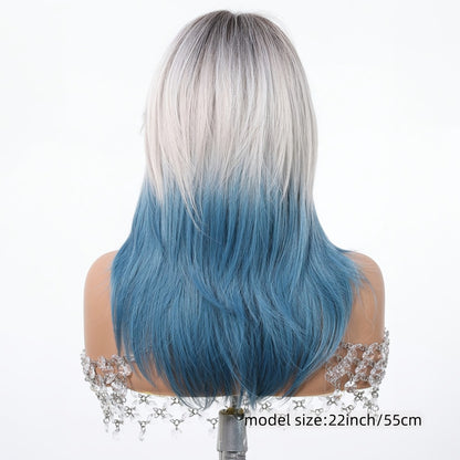 Blue Wig with Bangs for Women — 22 Inch Gradient Ombre Layered Synthetic Wig, Heat Resistant with Rose Hair Net, for Cosplay Halloween Party Festival Wedding Daily Wear