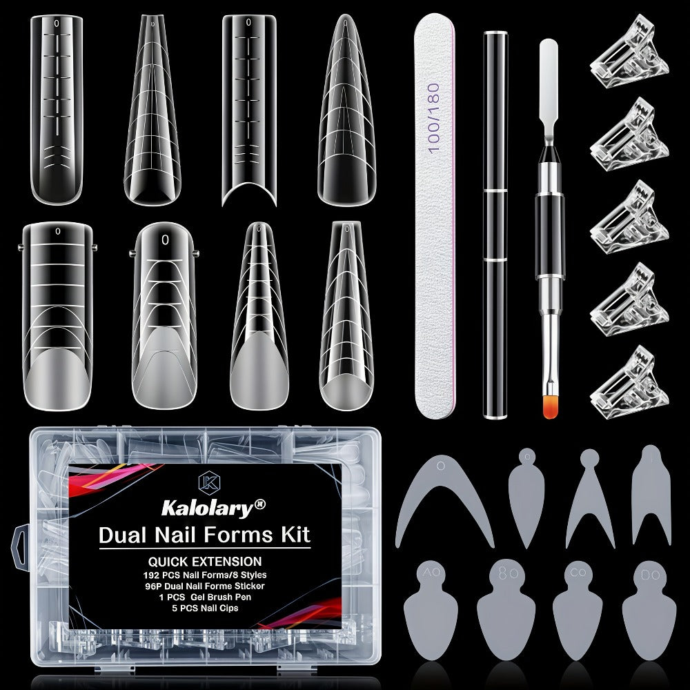 EBANKU Dual Form Kit, 192pcs Poly Gel Forms For French Nails, 96pcs Reusable Pads, 5pcs Clips, Brush Pen, Files Buffer, Extension Kit For Beginner