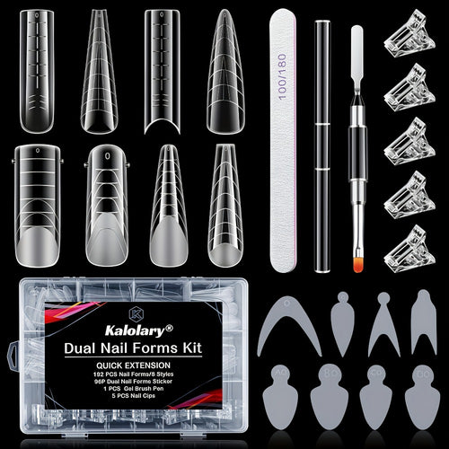Dual Nail Form Kit for Poly Gel & French Nail Extensions - 192pcs Forms, 96pcs Reusable Pads, 8 Shapes Acrylic Mold, Brush Pen, Files, Clips - Complete Beginner Nail Extension Set