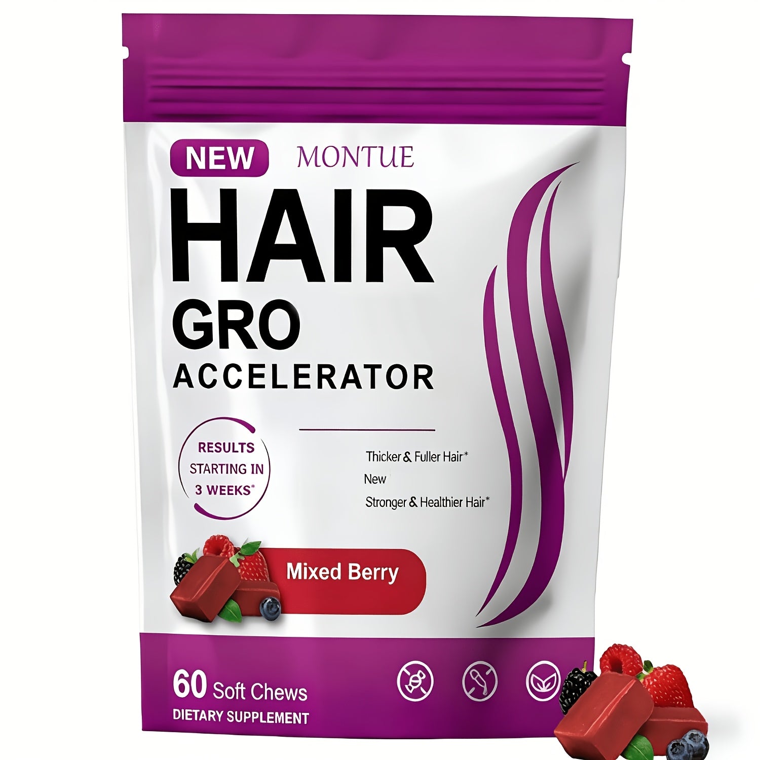 [Hair Gummies 60 Chews] MONTUE Biotin Hair Gummies for Hair Care, Daily Hair Nourishment Supplement with Arginine, Vitamin C & Vitamin E, Mixed Berry Flavor, 60 Soft Chews