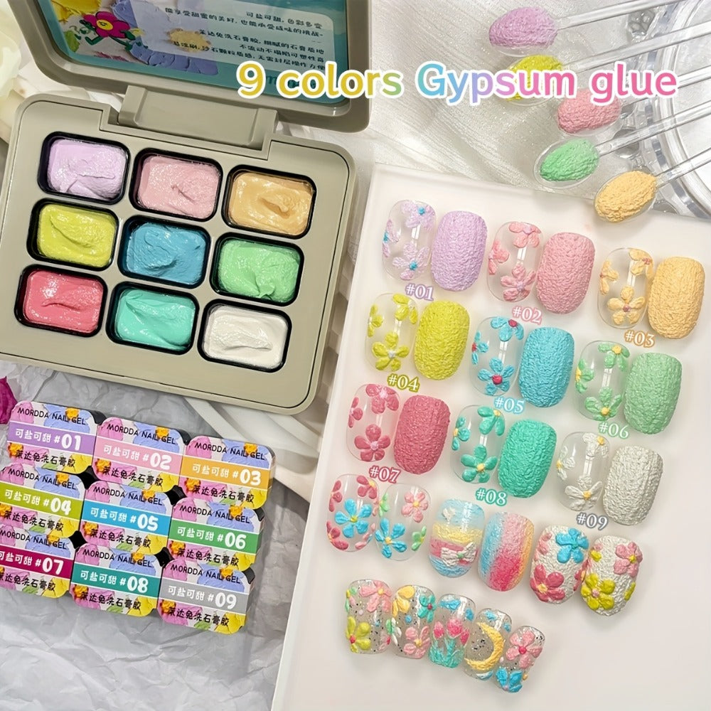 Plaster Gel Nail Art Set 9 Colors - No-Wipe High Saturation Gypsum Gel Polish with 3D Macaron Shades for Nail Art Designs - Salty & Sweet Palette for Salon & Home DIY Nail Projects