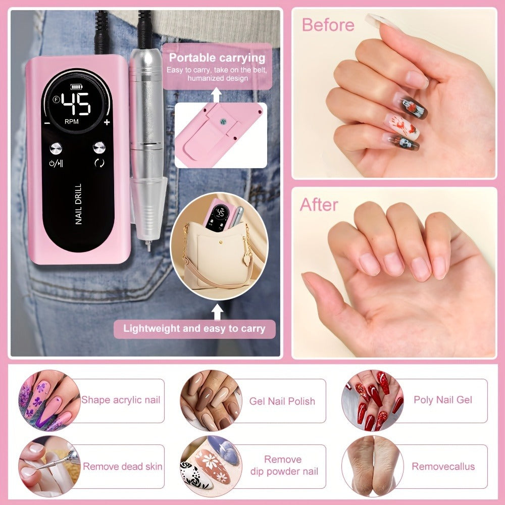 45000RPM Adjustable Speed Low-noise Nail Drill Cordless Display Power Portable Nail File Nail Grinder Suitable for Home Nail Salon Gel Nail Polishing for Nail Salon And Home