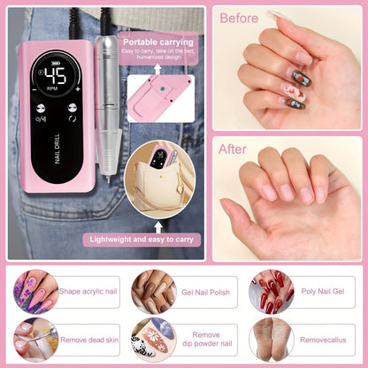 Cordless Nail Drill 45000RPM Adjustable Speed Low Noise with Power Display Portable Nail File Grinder for Gel Acrylic Nails Manicure Pedicure Home Salon Use Pink White Purple