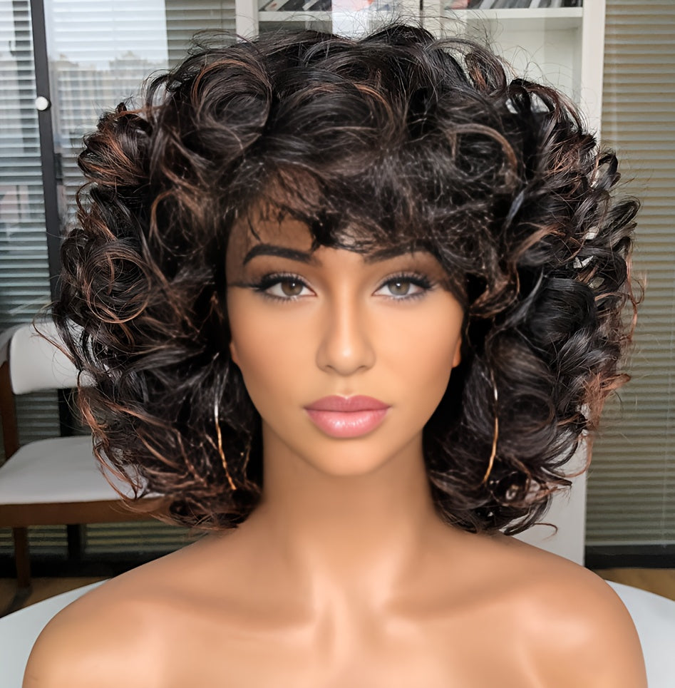 Elegant 14" Short Curly Wig with Wispy Bangs for Women - Natural Look, Heat Resistant Synthetic Jerry Curl Shag Hair, Perfect for Daily Wear & Cosplay
