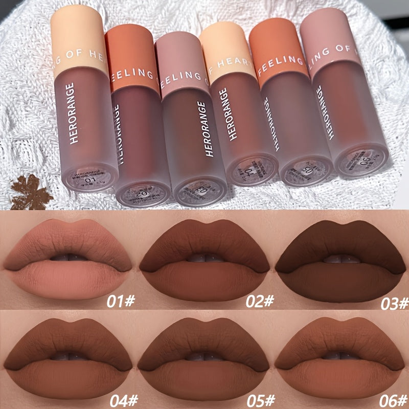 Matte Liquid Lipstick & Eyeshadow 2-in-1 Set 6PCS Velvet Chocolate Nude Brown Long-Lasting Waterproof Anti-Smudge Lip Glaze for Daily Party Stage Makeup