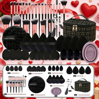 Professional Makeup Brush Set 49Pcs Super Soft Nylon Bristles Concealer Contour Sponge Expandable Box Eyeshadow Powder Highlight Blending Kit Wet Dry Use Black Milky White