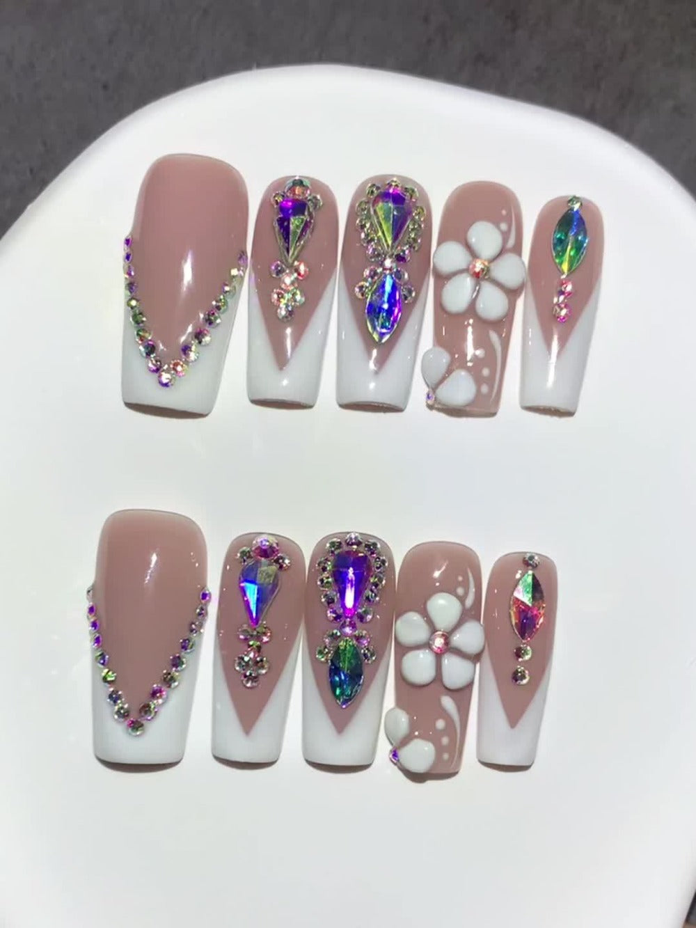 Press On Nails Square French Tip Luxury – Nude & White with AB Rhinestone & Handcrafted Floral Design | 10pcs Glossy Nail Set for Wedding, Party & Valentine's Day, S/M/L