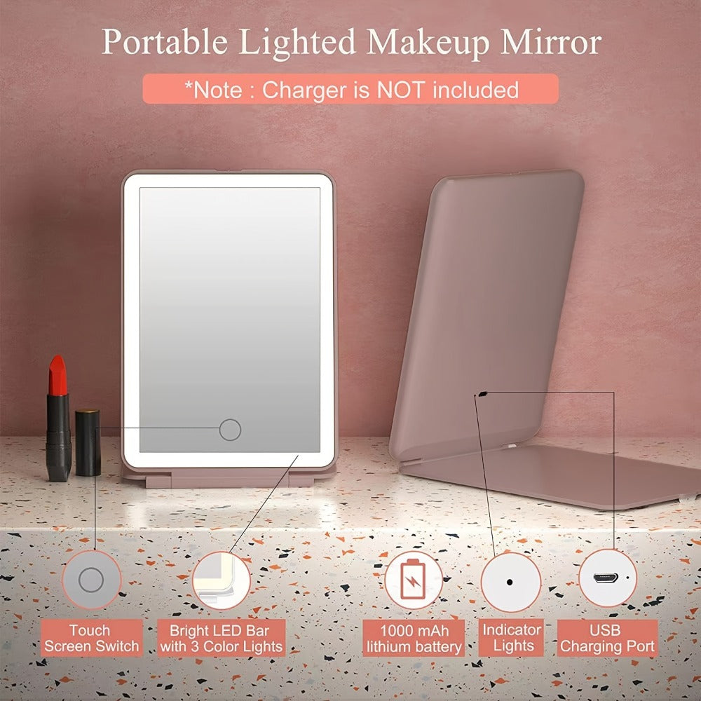 FORICOM LED Lighted Handheld Mirror 2-Sided Glass Mirror with 3 Adjustable Brightness Settings, with USB Charging, Foldable & Portable Design, Polished Plastic Frame, Animal Theme, for Makeup And Travel