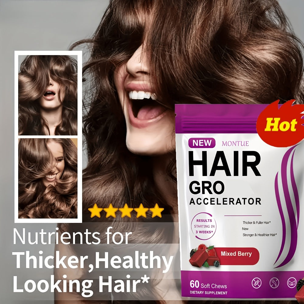 [Hair Gummies 60 Chews] MONTUE Biotin Hair Gummies for Hair Care, Daily Hair Nourishment Supplement with Arginine, Vitamin C & Vitamin E, Mixed Berry Flavor, 60 Soft Chews