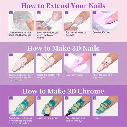 Solid Gel Builder Nail Extension Kit 5pcs Clear Nude Hard Gel 3D Nail Art Rhinestone Sculpture Molding Gel Flower Molds Sculpting Brush RINO