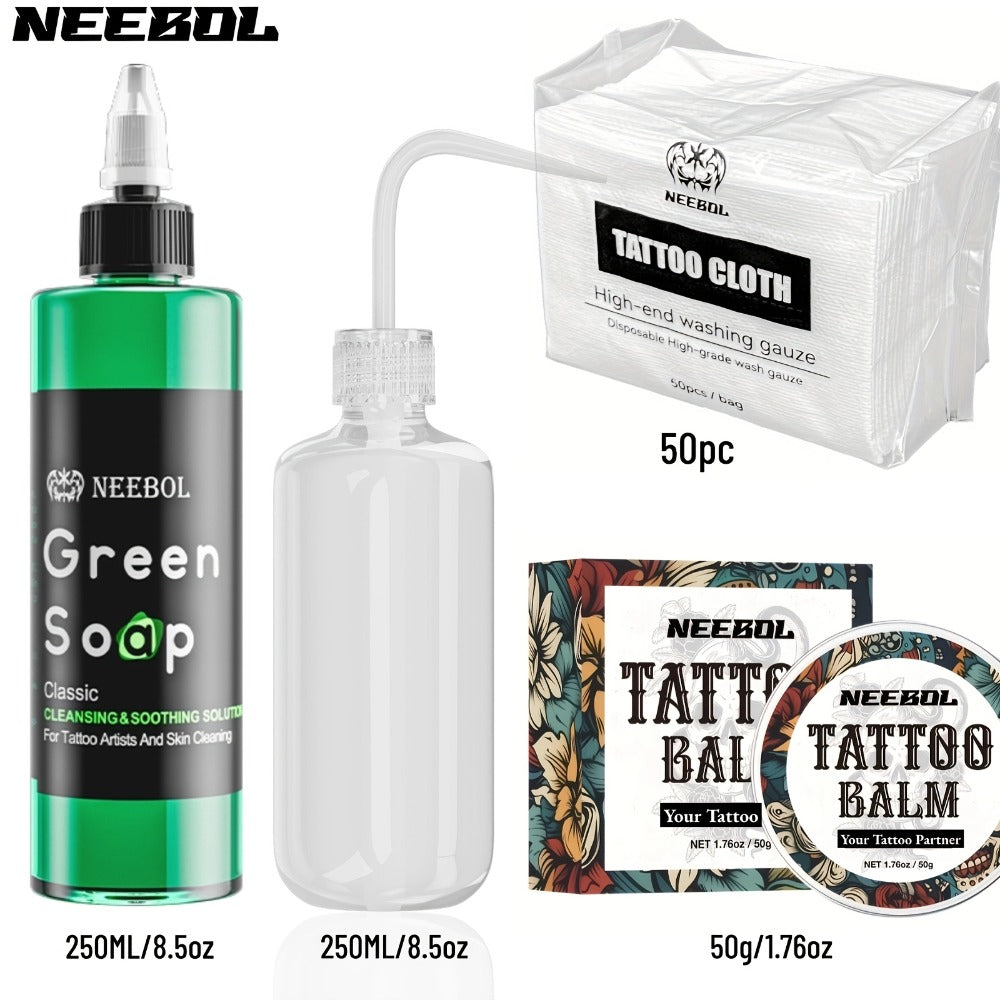 Neebol Green Soap Tattoo Cleaning Solution for Skin Prep Before And After Tattooing, Tattoo Supplies, Tattoo Kit, 8.5oz Tattoo Soap with Squeeze Bottle, Moisturizing Tattoo Balm Cream for Vibrant Color, Tattoo Wipes Cleasing Cloth, Easter Gifts