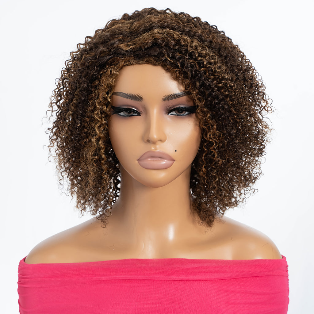 Highlight Short Kinky Curly Human Hair Wigs with Bangs Easy Wear Glueless Wig Brazilian Remy Short Curly Bangs Wig Human Hair for Women