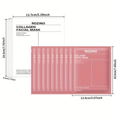Collagen Sheet Mask Set 10pcs — Bio-Collagen Hydrogel Face Mask with Aloe Vera, Intense Hydration for Dewy Glowing Skin, Alcohol-Free Hypoallergenic, 25ml Each