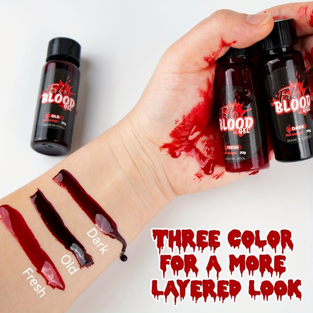 3pcs Fake Blood Makeup Kit, Realistic Sticky Fake Fresh Blood with Brush, Washable Coagulated Dark Old Blood, Theater, Zombie, Vampire Monster SFX Scary Clown Cosplay Makeup Special Effects Dress Up
