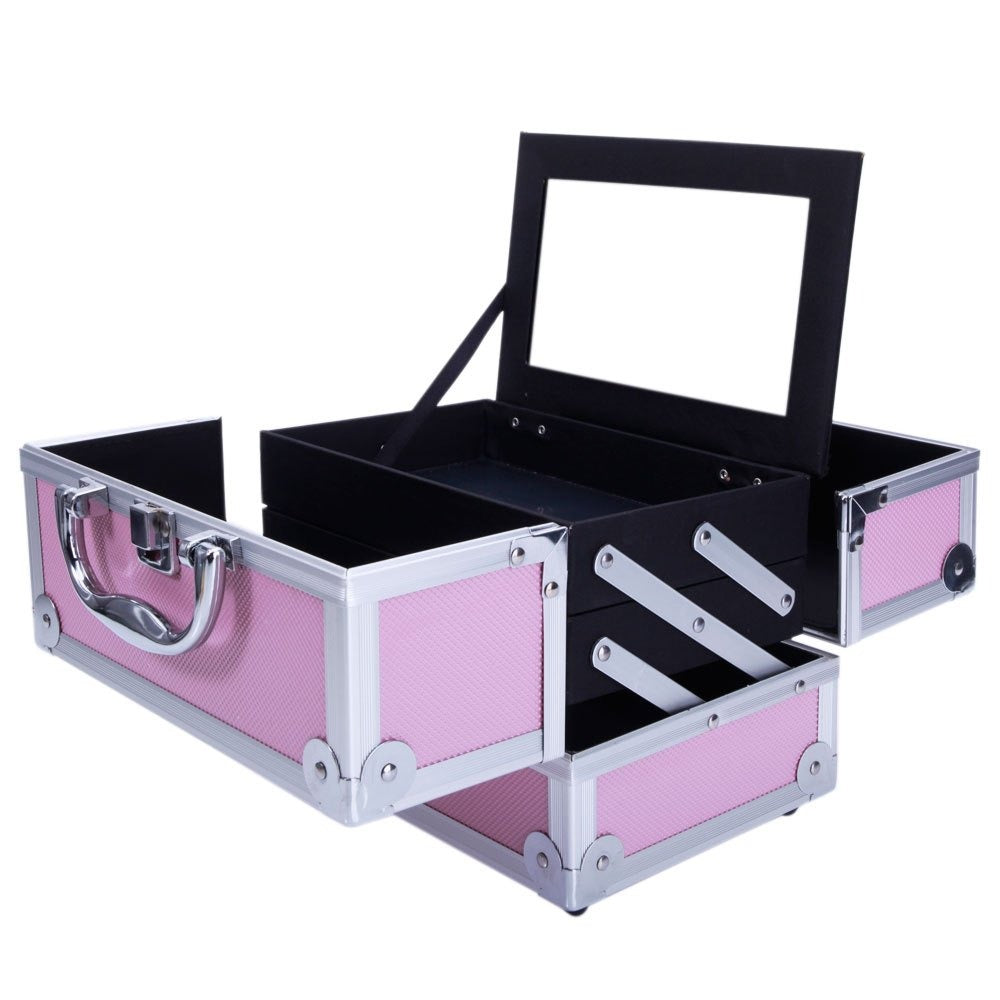 Professional Makeup Train Case, Large Capacity Aluminum Cosmetic Trolley Organizer, Portable Jewelry Storage Box with Adjustable Dividers & Lockable Keys, Travel Makeup Artist Tool Box