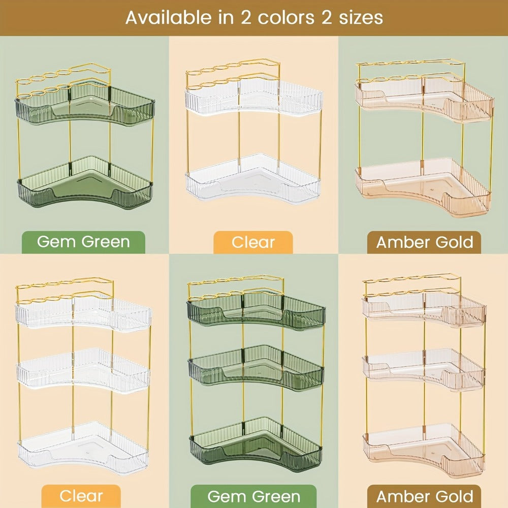 Bathroom Counter Organizer 2-in-1 Corner Shelf 2-Tier 3-Tier Space-Saving Makeup Skincare Storage with Brush Holder No-Tool Install Portable Vanity Dresser Kitchen