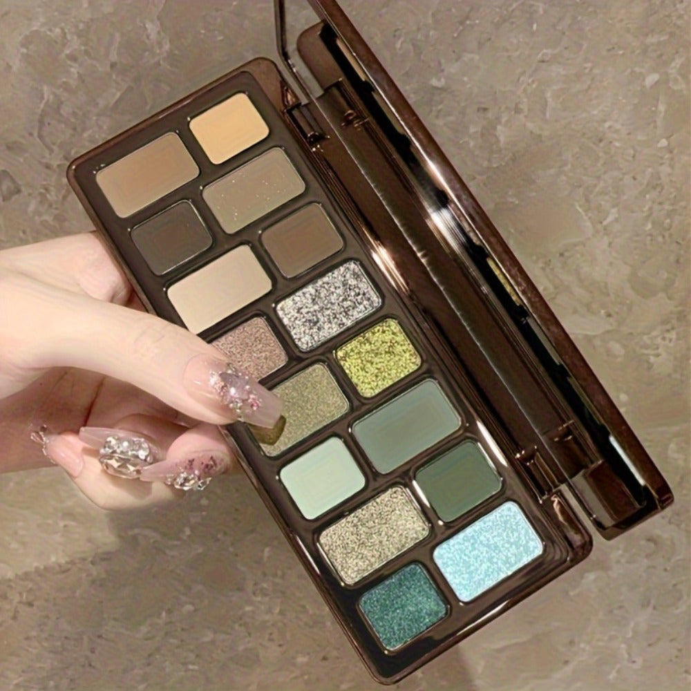 Eyeshadow Palette 16 Colors - Smoky Retro Matte Glitter Pearlescent Shades, Gray Green Earthy Tones with Highlight Blush, Compact Travel