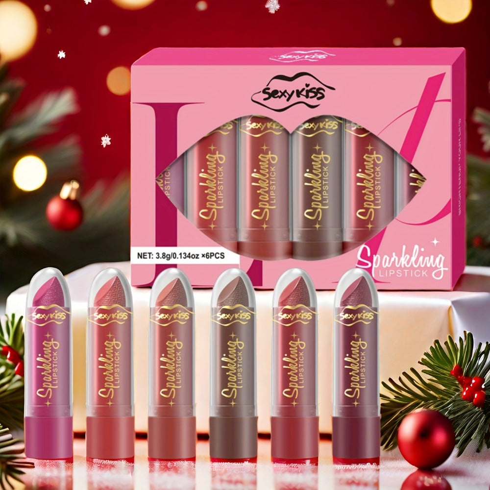 Shimmer Lipstick Set 6PCS in Gift Box - Glossy Shimmering Water-Resistant Long-Lasting Lip Color Assorted Shades for All Skin Tones Buildable Pigment Lipstick Collection for Women