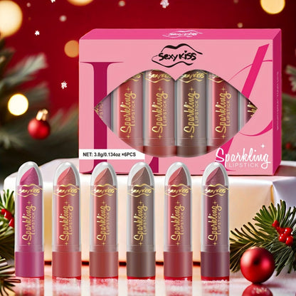 Shimmer Lipstick Set 6PCS in Gift Box - Glossy Shimmering Water-Resistant Long-Lasting Lip Color Assorted Shades for All Skin Tones Buildable Pigment Lipstick Collection for Women