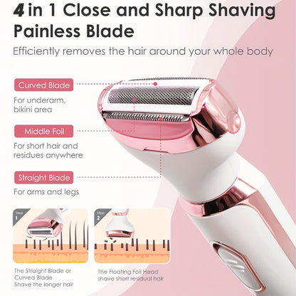 4-in-1 Electric Hair Remover for Women USB Rechargeable Shaver Trimmer – Eyebrow Nose Face Leg Bikini Line Underarm Peach Fuzz Removal Stainless Steel Blades Portable Travel Gift