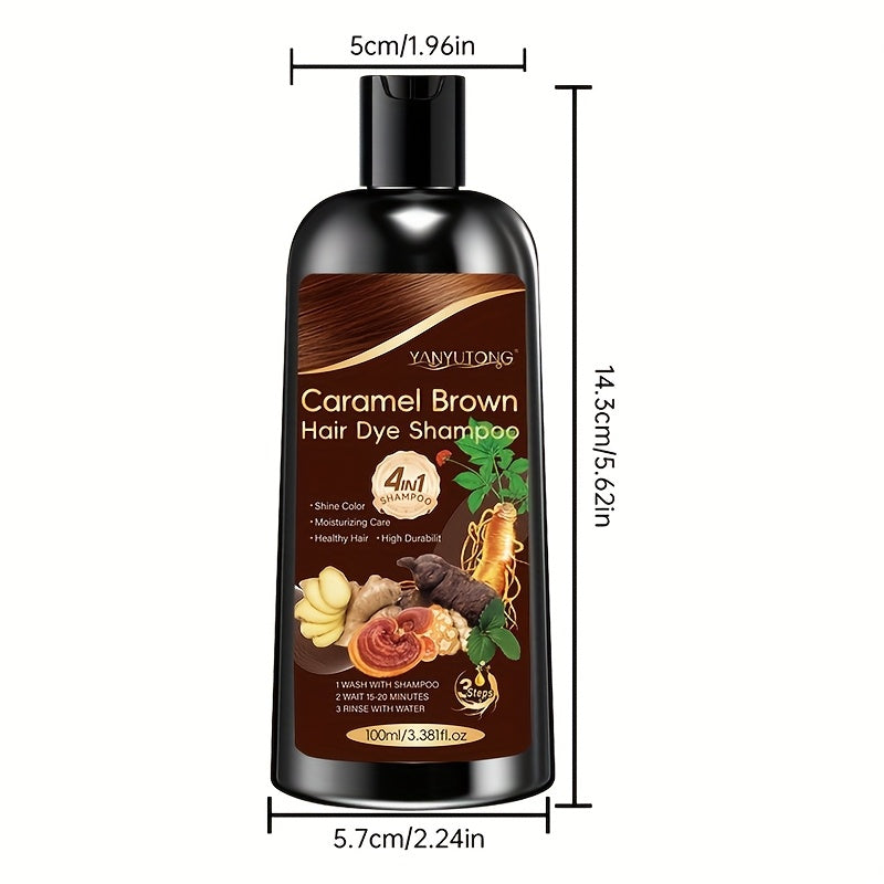 2-Bottle Pack, 3.38oz 4-In-1 Caramel Brown Dye Shampoo with Ginseng, Reishi Mushroom, And Ginger Extract - Instant Color, Shine, Volume & Smoothness in Minutes